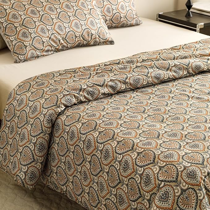 HeimenAogo Egyptian Cotton Duvet Cover Queen Size Sateen Weave, Silky Soft Duvet Cover with Zipper Closure, Long Staple Cotton Bed Linen Bohemian Damask Medallion 3 Pcs