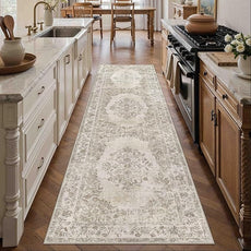 2x8 Runner Rug Beige Washable Hallway Kitchen Bedroom Vintage Distressed Bathroom Non Slip Medallion Floral Carpet Indoor Retro Throw Floor Mat for Office Dining Laundry Living Room