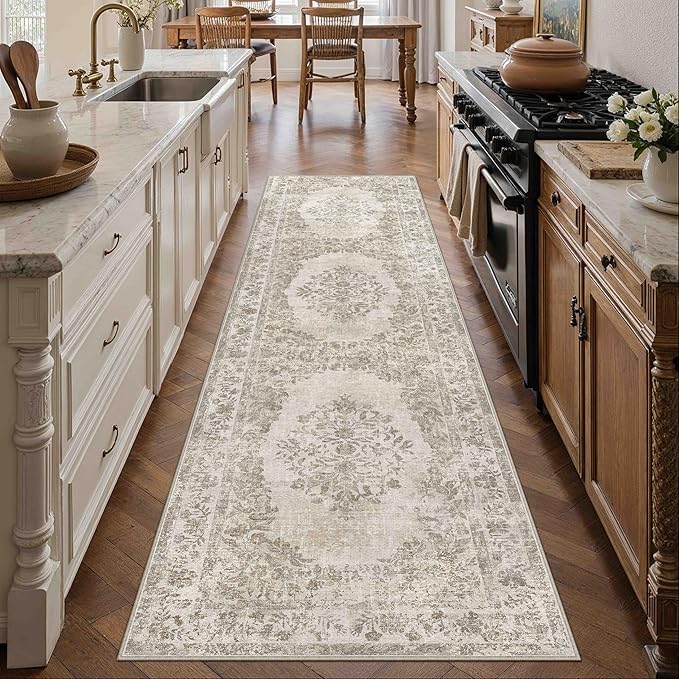 2x8 Runner Rug Beige Washable Hallway Kitchen Bedroom Vintage Distressed Bathroom Non Slip Medallion Floral Carpet Indoor Retro Throw Floor Mat for Office Dining Laundry Living Room