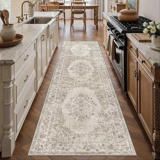 2x8 Runner Rug Beige Washable Hallway Kitchen Bedroom Vintage Distressed Bathroom Non Slip Medallion Floral Carpet Indoor Retro Throw Floor Mat for Office Dining Laundry Living Room