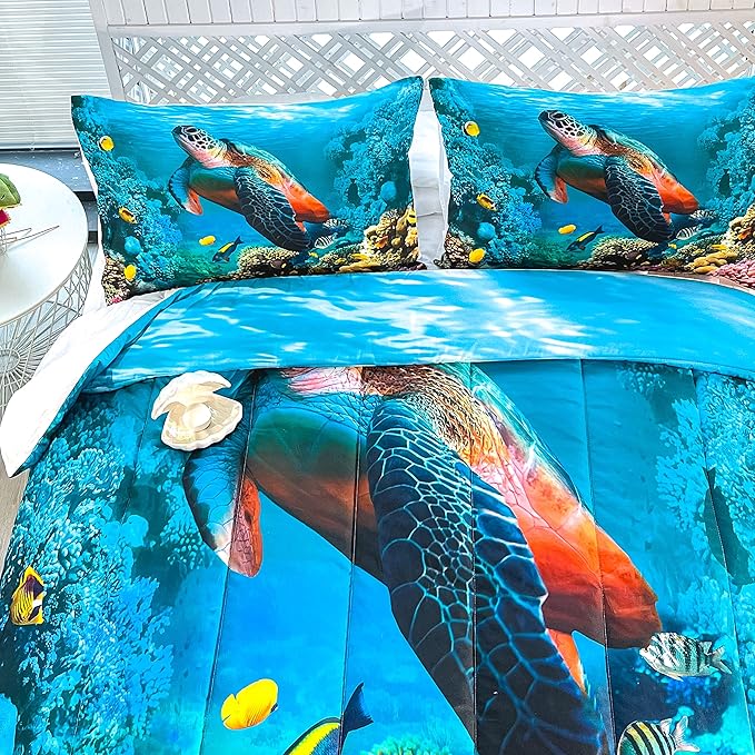 CVHOUSE Sea Turtle Bedding Set,Sea Turtle Comforter Queen,Ocean Beach Comforter Set for Boys Kids Girls,Ocean Quilt Set with 1 Comforter and 2 Pillow Cases