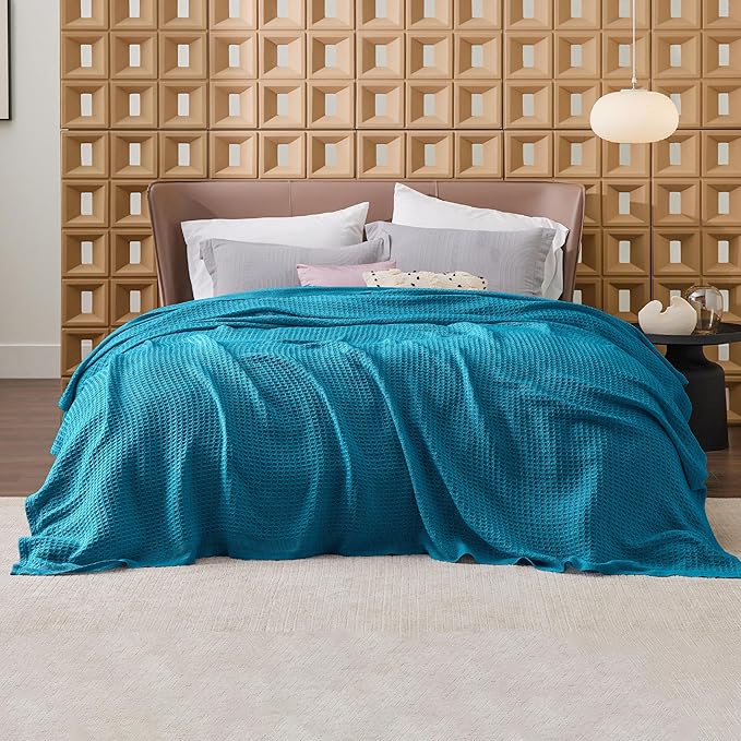 Bedsure Gentlesoft 100% Cotton Blanket Queen Size for Bed - Breathable and Soft, Thick Cozy Waffle Weave Christmas Blanket Gift for Women, Teal, 90x90 Inches