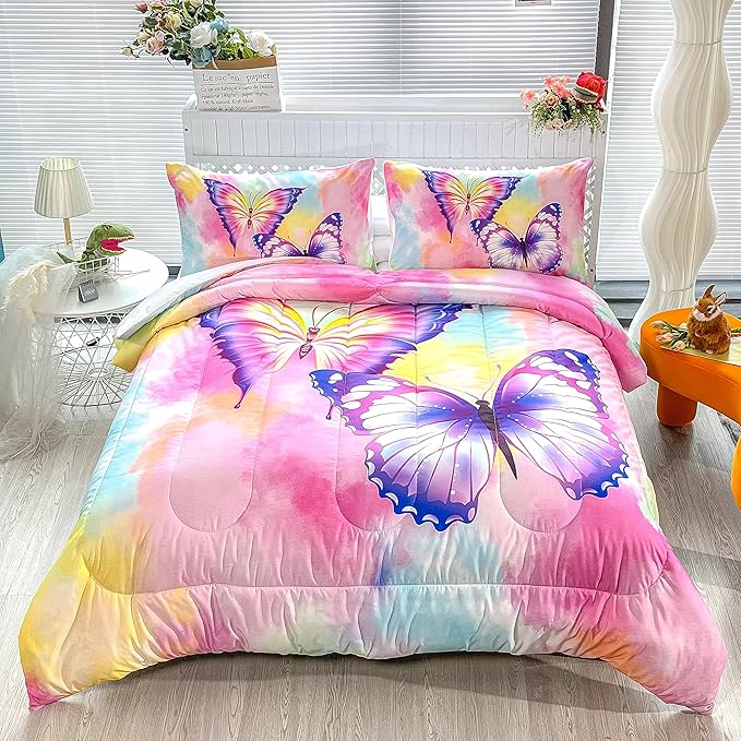 CVHOUSE Butterfly Bedding Set,Butterfly Comforter King,Butterfly Comforter Set for Girls Kids Teens,Butterflies Quilt Set with 1 Comforter and 2 Pillow Cases