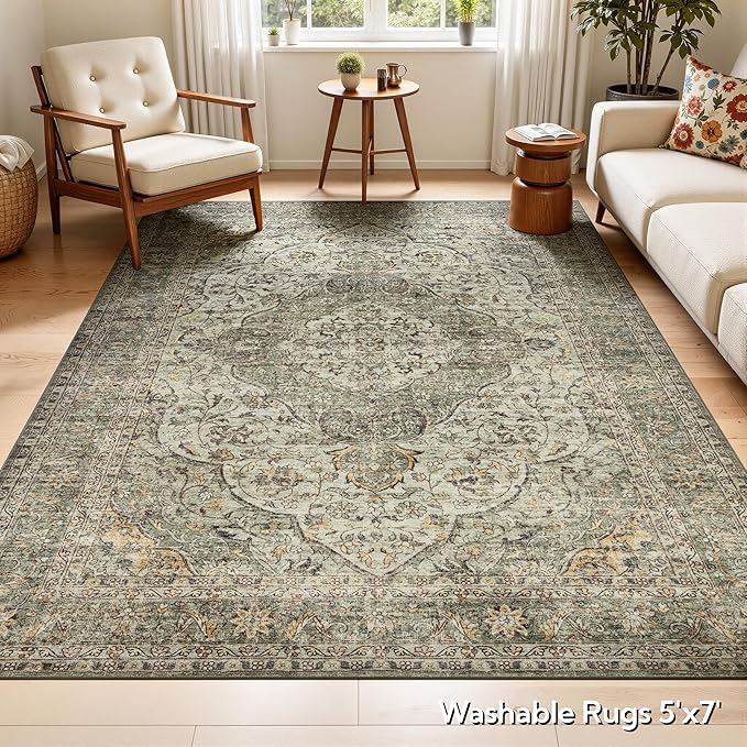 RCTJHOME 5'x7' Washable Area Rugs for loveseat Living Room/Twin Bedroom/Study Room, Modern Abstract Soft Carpet, Low Pile Floor Rug with Non Slip Backing for Dining Room, Distress Floral Forest Green
