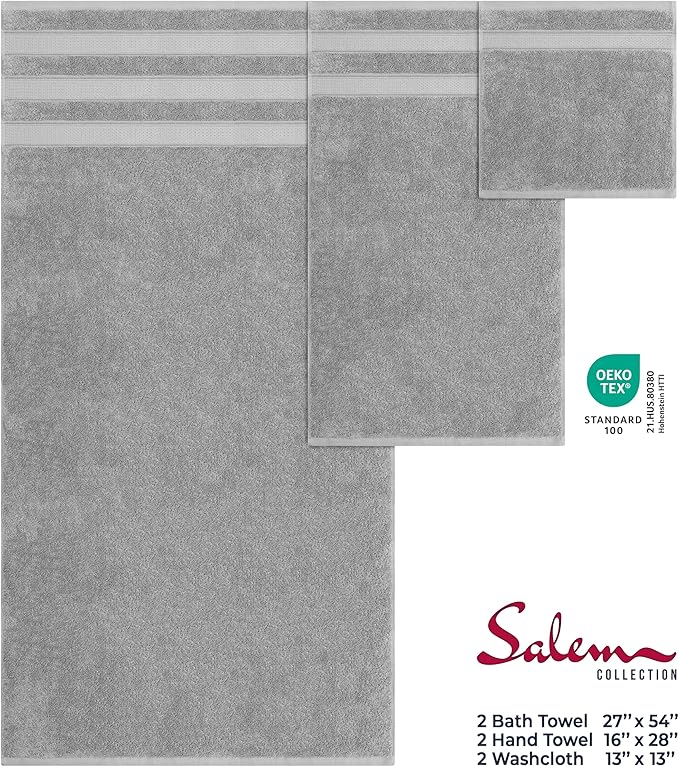 American Soft Linen Salem Turkish Bath Towel Set, 100% Cotton 600 GSM 6 Piece Towels for Bathroom, 2 Bath Towels 2 Hand Towels 2 Washcloths, Light Grey