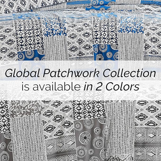 Southshore Fine Living, Inc. Patchwork Duvet Cover Queen Size Boho Set, Reversible Duvet Cover Full Size/Queen, 2 Pillow Shams Standard Size, Hotel Quality Bedding - Global Patchwork Blue
