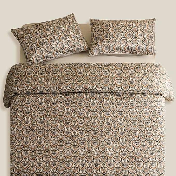 HeimenAogo Egyptian Cotton Duvet Cover Queen Size Sateen Weave, Silky Soft Duvet Cover with Zipper Closure, Long Staple Cotton Bed Linen Bohemian Damask Medallion 3 Pcs