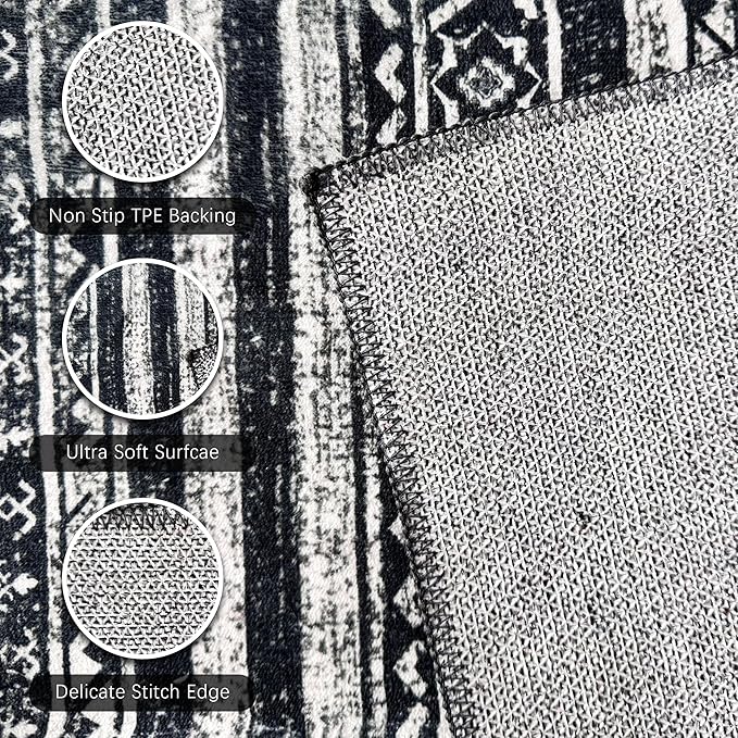 RUGSURE Washable Area Rugs 4' x 6' - 1/6 Thick - Moroccan-Inspired -Stain & Water Resistant Non-Slip - Resistant Rug for Living Room, Bedroom, Nursery, Pet & Child Friendly (Black)