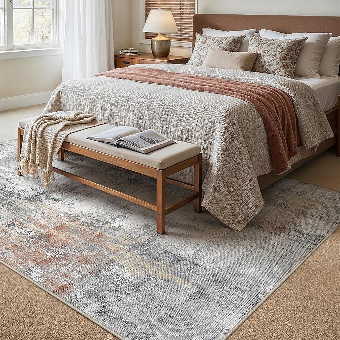 10x14 Washable Area Rug Grey Rust Abstract Living Room Bedroom Carpet Neutral Modern Non-Slip Soft Low Pile Lightweight Vacuumable Large Throw Rug for Dining Room
