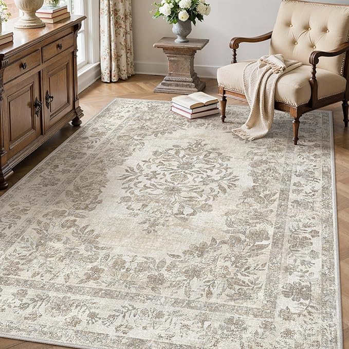 4x6 Area Rug Beige Washable Office Vintage Distressed Carpet Bedroom Indoor Medallion Floral Living Room Non Slip Retro Throw Floor Mat for Dining Room Kitchen Bathroom