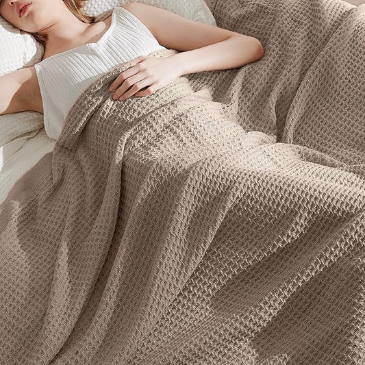 Bedsure Gentlesoft 100% Cotton Blanket Twin XL Size for College Dorm - Breathable and Soft, Waffle Weave Twin Blanket for Summer, Dorm Room Essentials, Light Brown, 66x90 inches