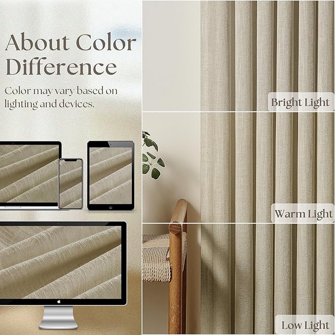 Thick Linen Khaki Taupe Curtains 96 Inches Long for Living Room Bedroon Pinch Pleated Drapes with Hooks Rings Back Tab Light Filtering Burlap Farmhouse Ceiling Custom Made Memory Trained Curtain