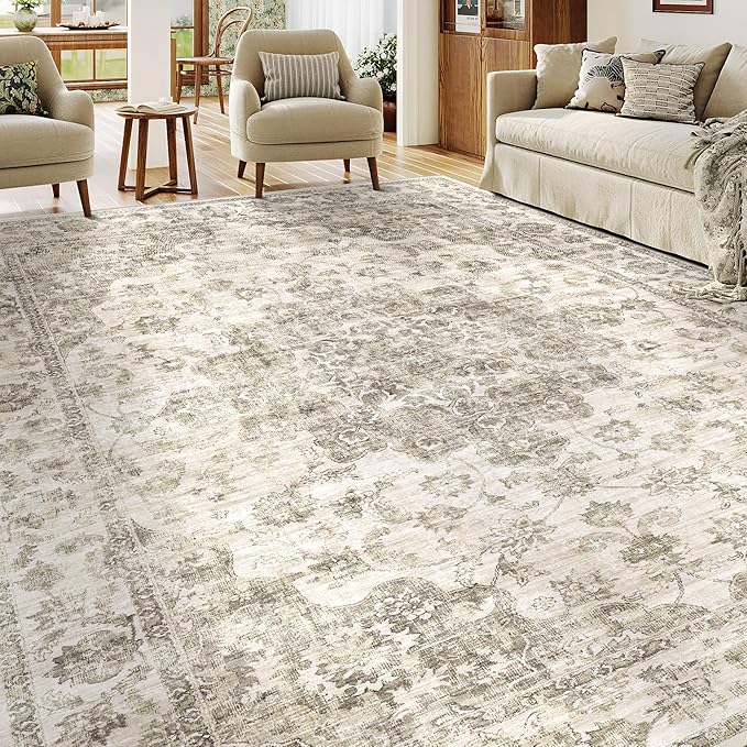8x10 Washable Neutral Area Rug Taupe Vintage Living Room Bedroom Carpet Non-Slip Soft Low Pile Floral Large Throw Rug for Dining Room Entryway Office