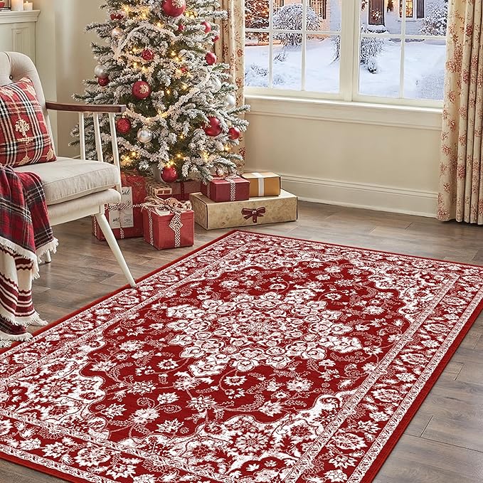 Christmas 3x5 Area Rug Red Xmas Floral Entryway Doormat Washable Non Slip Soft Low Pile Lightweight Neutral Mat for Living Room Bedroom Dining Room Bathroom