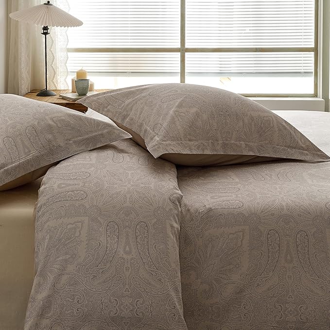 HeimenAogo Egyptian Cotton Duvet Cover King Size Sateen Weave, Silky Soft Boho Duvet Cover Zipper Closure, Long Staple Cotton Bed Linen Boteh Damask Medallion Paisley 3Pcs