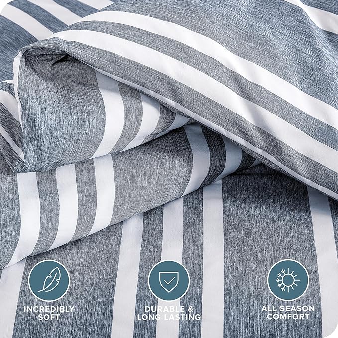 Bare Home Bedding Duvet Cover King Size - Premium 1800 Super Soft Collection - Lightweight, Cooling - Soft Breathable Bedding Duvet Cover (King, Stripe - Heathered Midnight Blue)