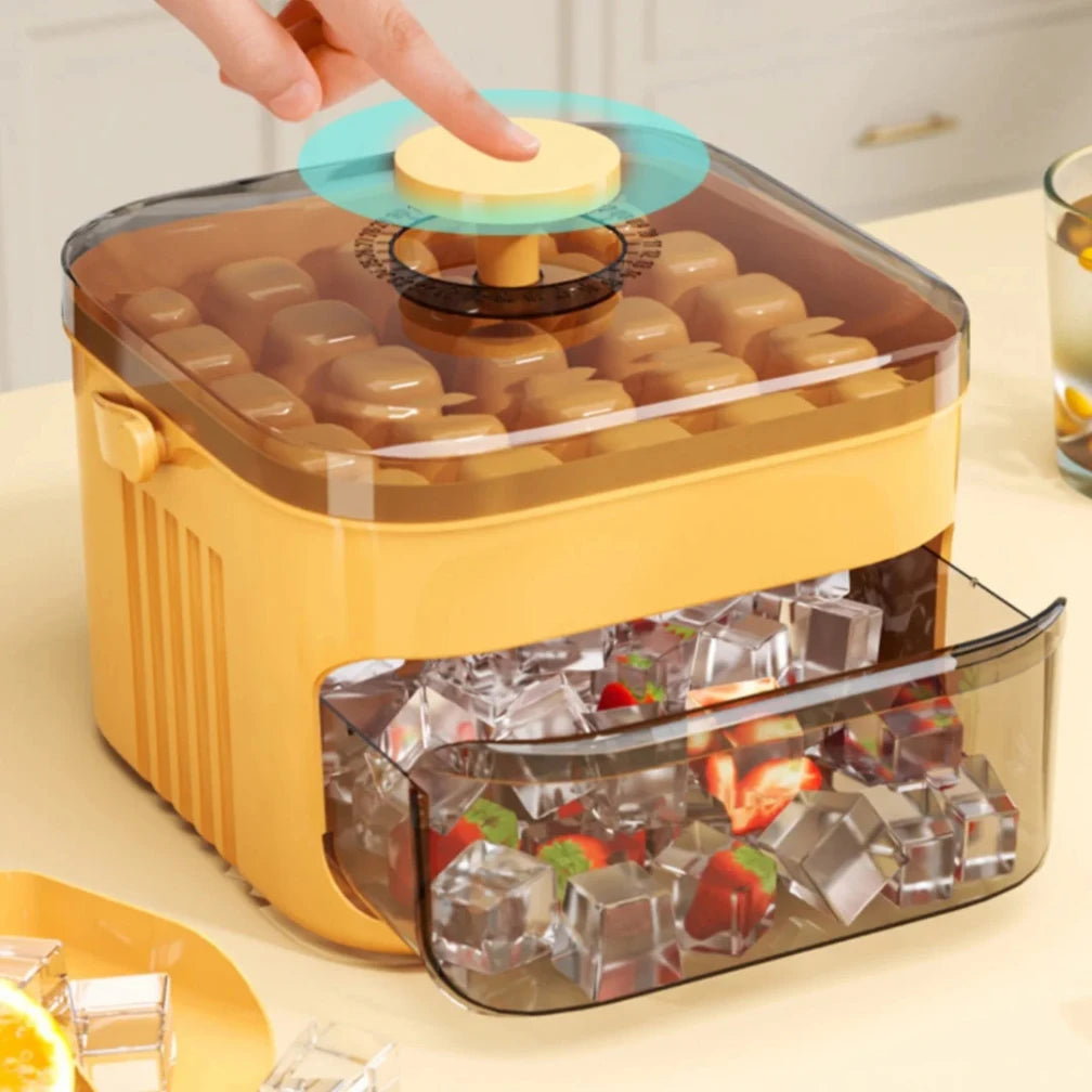 Compact Double Layer Ice Cube Tray with Lid and Bin, Pull-Out Ice Drawer with Portable Handle, Kitchen Accessories, Gadgets